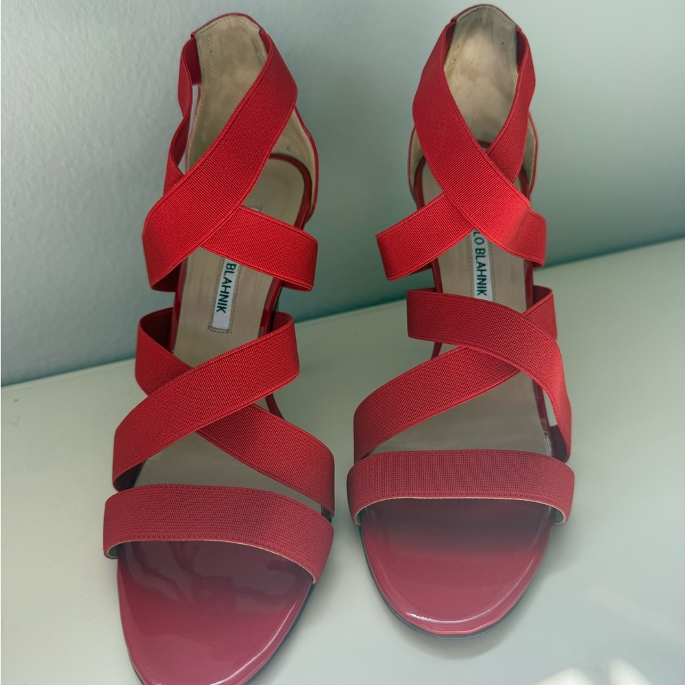 Bright Red Stiletto Manolo Blahnik Heels with Strappy Design